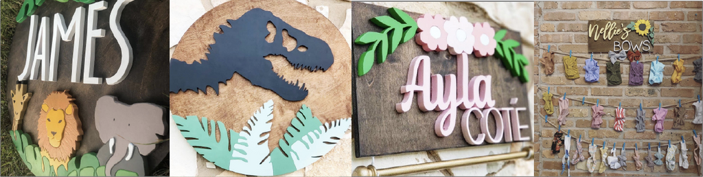 Dinosaur sign with a Jurassic theme, featuring a silhouette dinosaur against a vibrant background. Sunflower design bow holder, personalized with custom colors, stain, and name for a charming addition to your space. Round safari sign showcasing a giraffe, elephant, and lion amidst jungle leaves for a whimsical touch to any room. Simple 3 flower bow holder headband holder, a practical and stylish accessory for organizing and displaying headbands with ease.