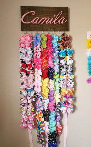 16X8"  Bow Holder personalized hair bow storage custom name. Organize your bows or headbands with this bow holder with ribbons and hooks to hang.