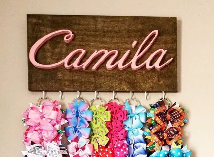 16X8"  Bow Holder wood work barn hair bow organizer with hooks and ribbons. Customize your bow holder for your girls room. Be free of clutter. best girl mom gift!